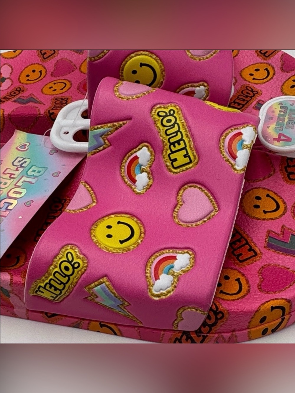 NWT Block Street Kids Pink Emoji Slide Sandals Size 4 - Picture 3 of 7